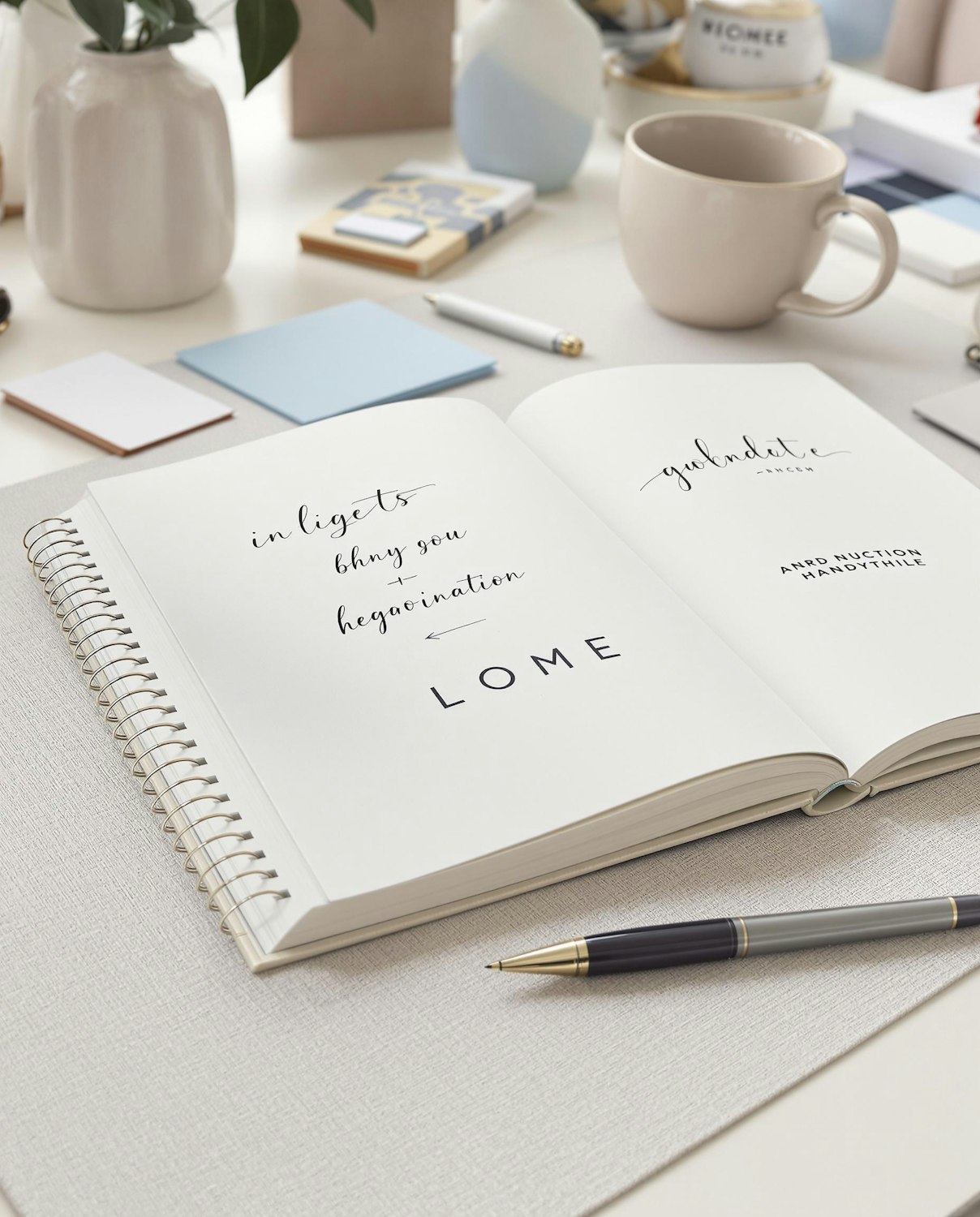 An open notebook with handwriting next to a mug on a desk