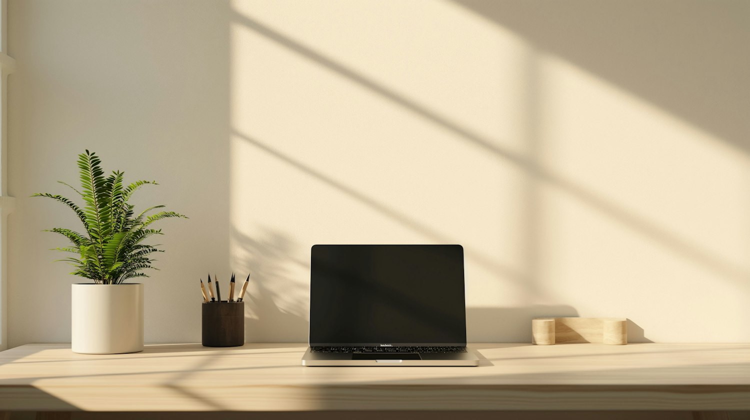 A tidy desk with a laptop and a plant in soft daylight