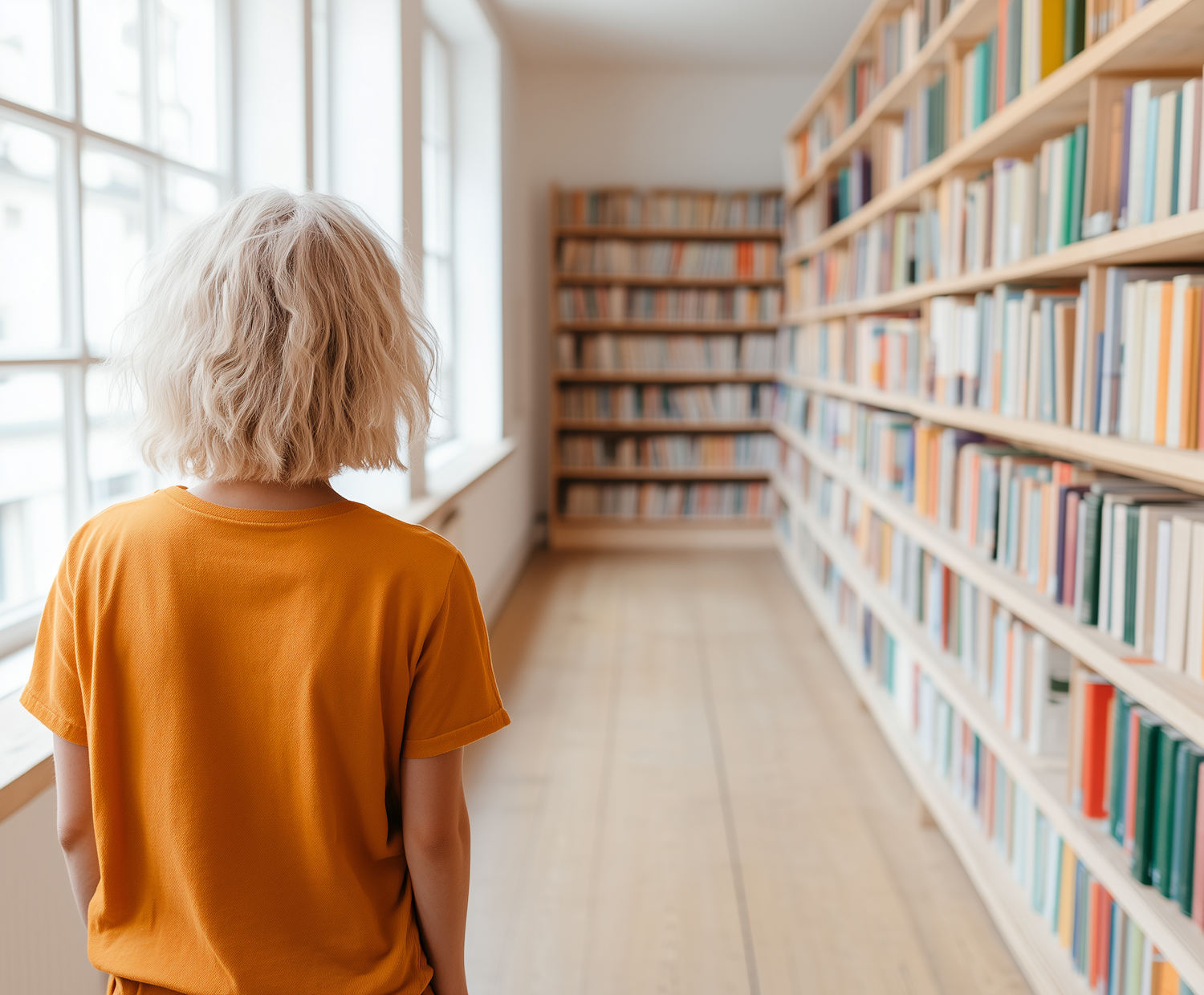 A person browsing the shelves of a bright library